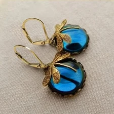 Fashion Vintage Dragonfly Teal Blue Glass Gemstone Earrings Men Women Gift New