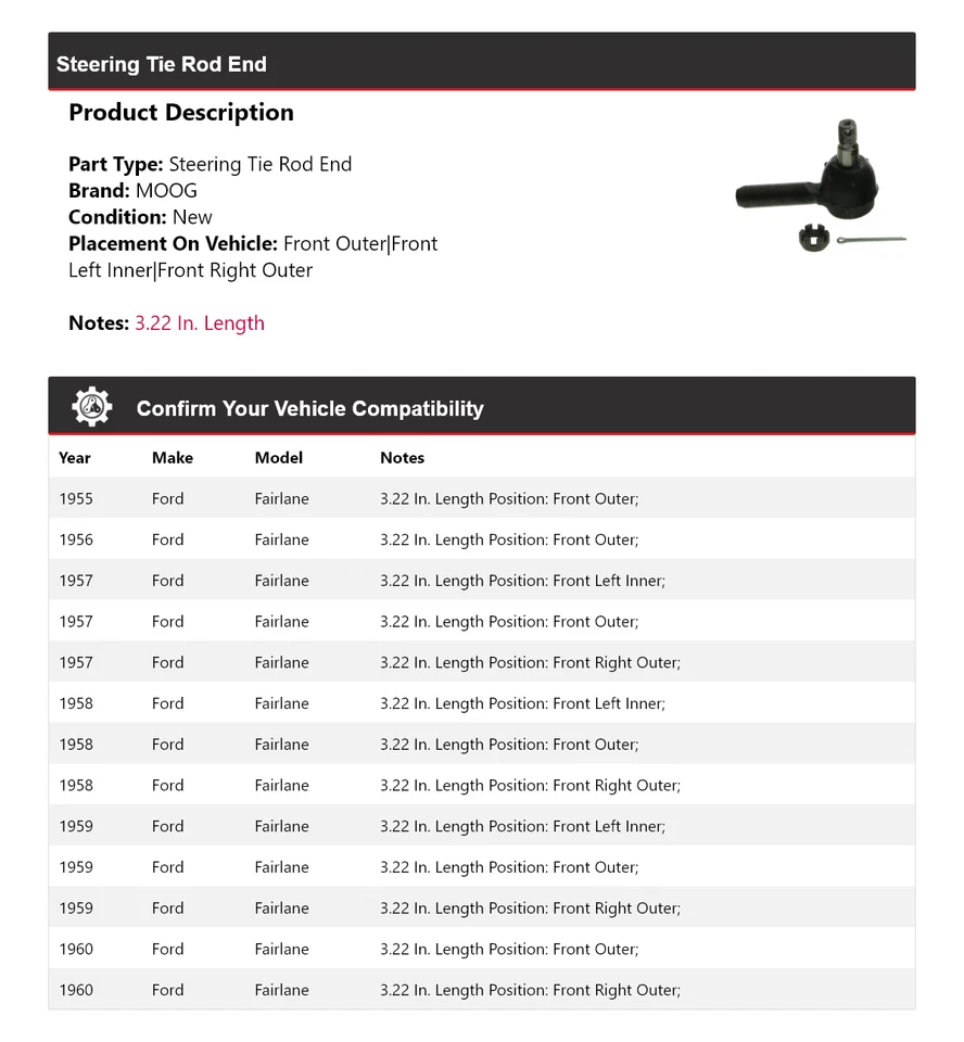 For 1955-1960 Ford Fairlane Steering Tie Rod End MOOG 1955 1956 1957 1958 1959 - Image 2 of 4