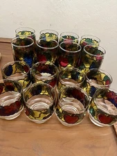 16 Vintage 1970's Libbey Stained Glass Juice Glasses with Fruit Pattern