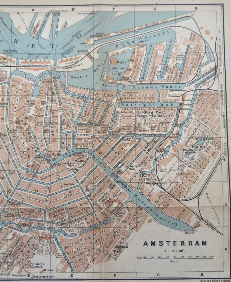 Mapa detallado del plano de la ciudad de Ámsterdam Holanda Países Bajos Canales Río Amstel 1901 Foto 3 de 4