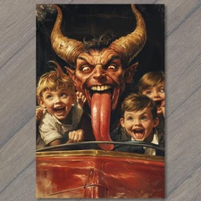Art Print  Devil Driving Family Fun Chaos Humor Children Artwork Retro Scene