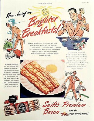 Swift Premium Bacon ad vintage 1947 original breakfast advertisement 13.5 x10.5''