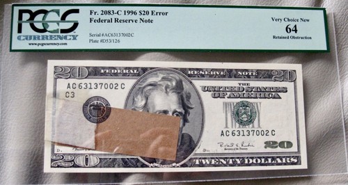 STUNNING Retained Obstruction (Face mask?) ERROR 1996 $20 FRN PCGS 64 - Picture 3 of 3