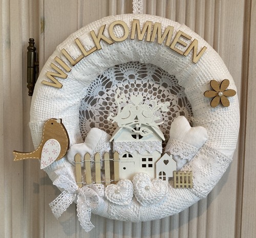 Handgefertigter Romantik Deko Kranz Häkelspitzen Vogel Pärchen Willkommen -309 - Bild 4 von 8