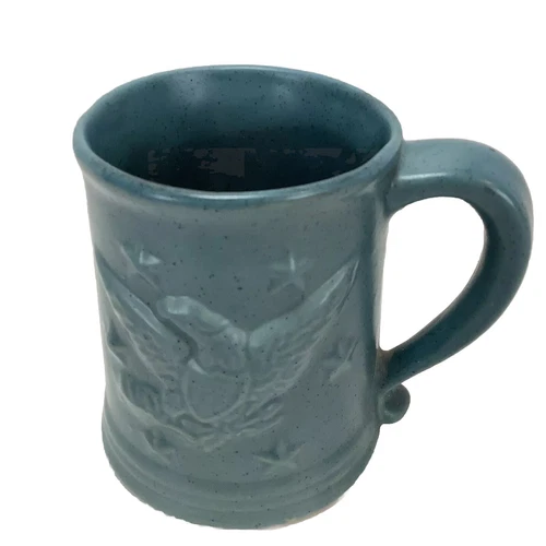 Chatham Potters Coffee Mug AMERICAN BALD EAGLE & STARS Blue Pottery Vintage