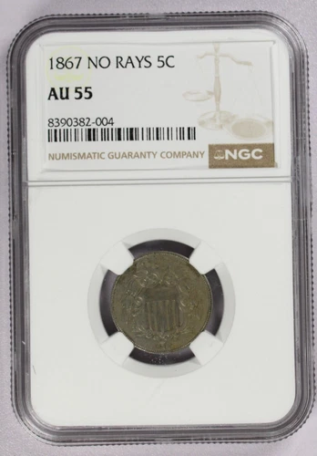 1867 No Rays Shield Nickel 5C NGC AU 55