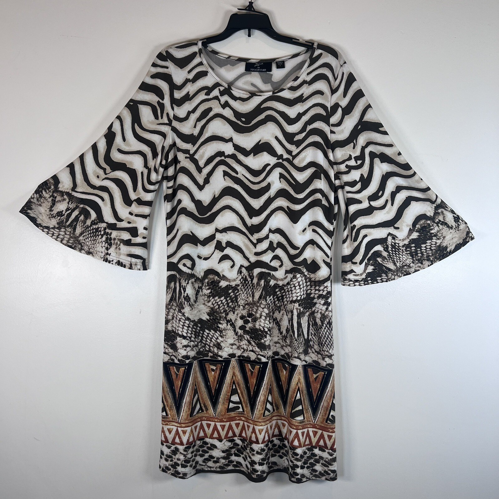 Lennie for Nina Leonard Brown Cream Animal Print Body Con Dress Stretch L