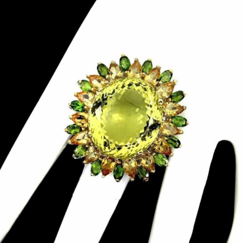 Silver Ring Lemon Quartz Citrine Chrome Diopside Genuine Gems Sterling T 1/2 - Picture 12 of 24