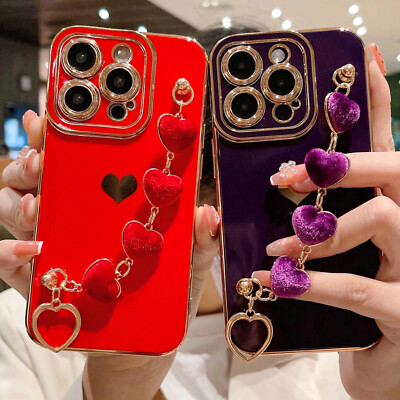 For iPhone 16 Pro Max 16 15 Plating Love Slim Shockproof Case with Fluffy  Chain
