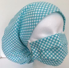 Aqua Blue Polka Dot Medical No Band Bouffant Euro Scrub Cap Hat and Mask Set