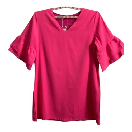 Belongsci Hot Pink Dress XXL V Neck Ruffled Sleeves NEW Mini Knee Length Shift