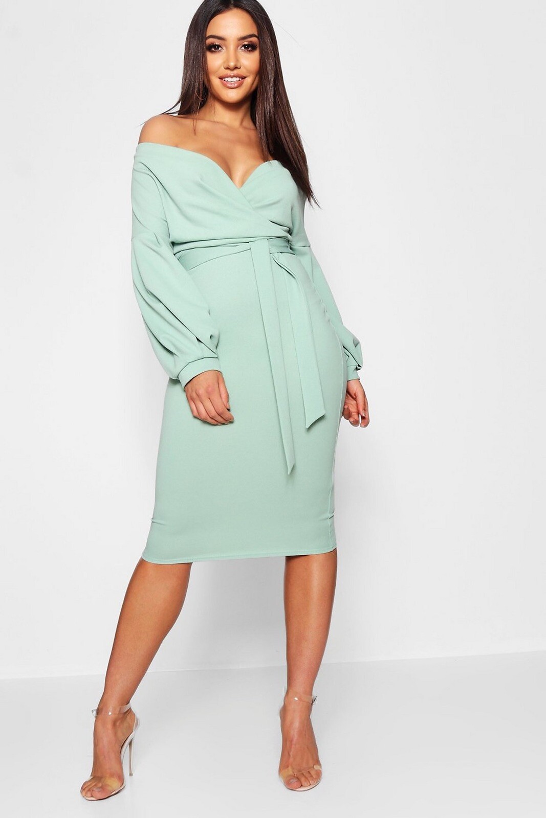 off the shoulder wrap midi bodycon dress