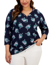 Karen Scott Plus Size Printed 3/4-Sleeve Henley Top Intrepid Blue SZ 1X