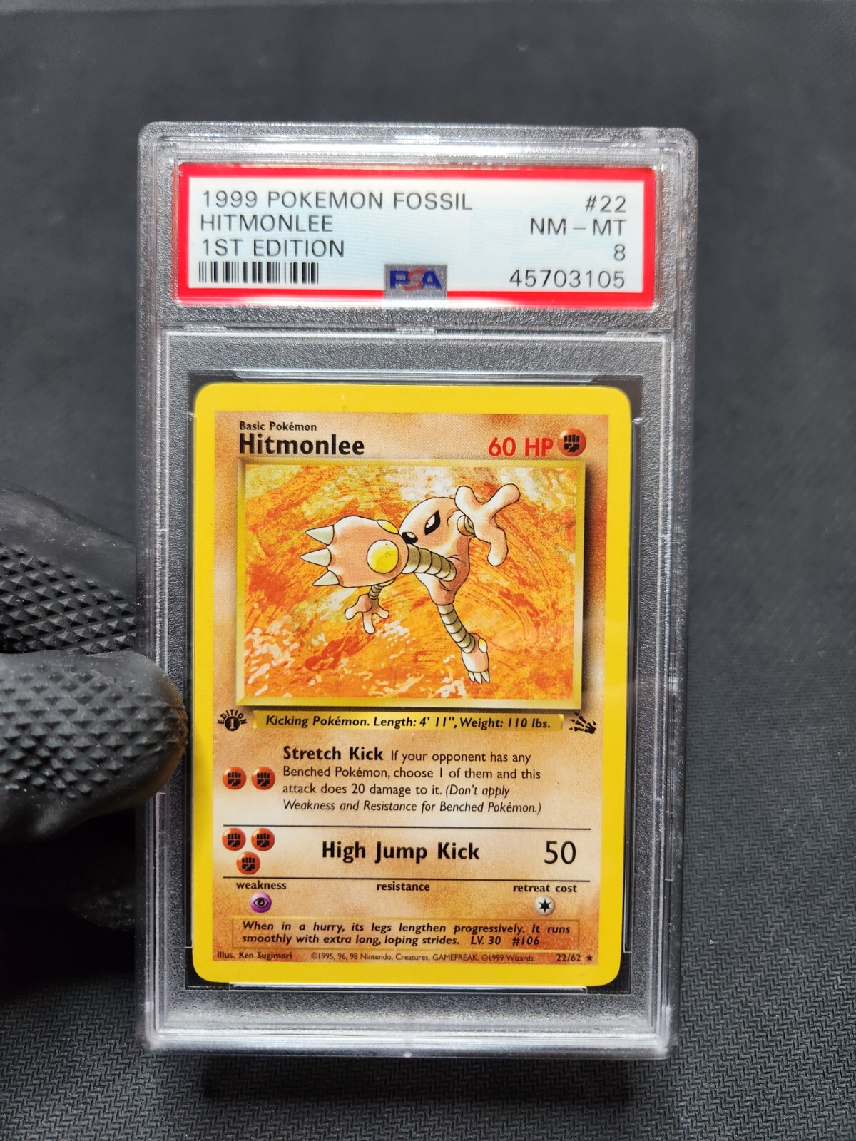 1999 Pokemon 1st Edition Fossil Hitmonlee Non Holo Rare #22 PSA 8 NM-MT