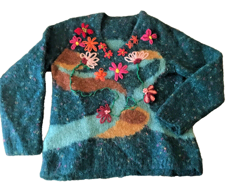 VTG. 80s soft KNIT KID MOHAIR GREEN hand-EMBROIDERED Knitted Oversized JUMPER L - Picture 4 of 7