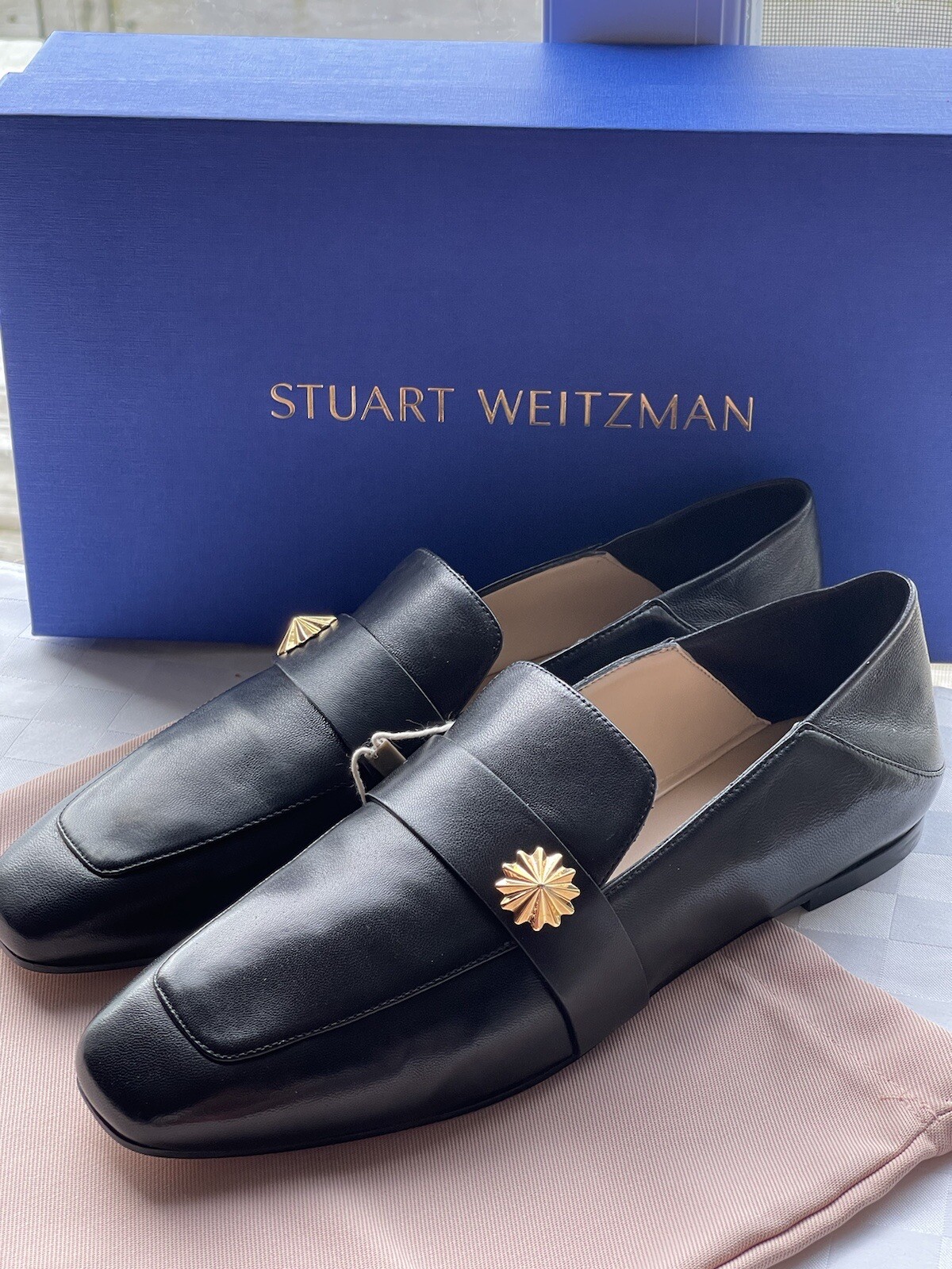 Stuart Weitzman Wylie Star Black Leather Embellished Collapsible Heel Loafers 9M