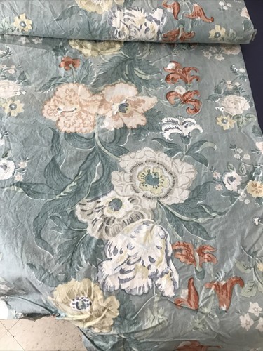 6 Yards Green Large Floral Peach Tan Drapery Decor Fabric Wide Cotton 44"