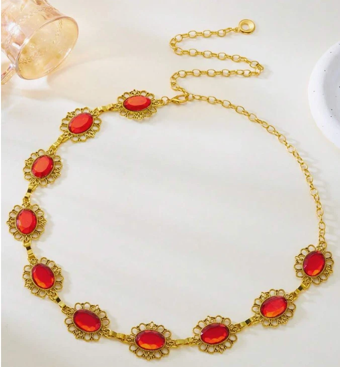 CINTURÓN CADENA GEMA- Elegante Cadena Cintura Estilo Vintage Rubí Patrón Floral Foto 2 de 4