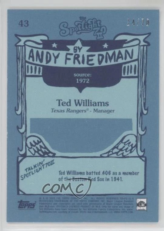 2022 Spotlight 70 II By Stamp /70 Andy Friedman Ted Williams (1972 Topps) HOF - Image 2 of 2
