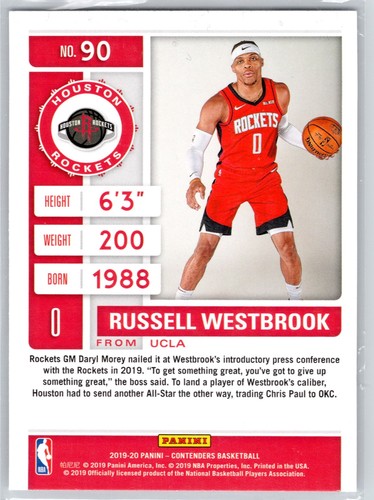 2019-20 Panini Contenders Russell Westbrook Season Tickets Houston Rockets #90 - Picture 2 of 2