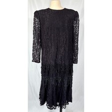 David Rose VTG 80s Black Leaf Lace Cocktail Dress USA Whimsigoth Dark Academia