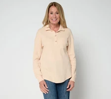 Belle by Kim Gravel Women's Top Sz L Micro Waffle Horn Button Sandalwood A695507