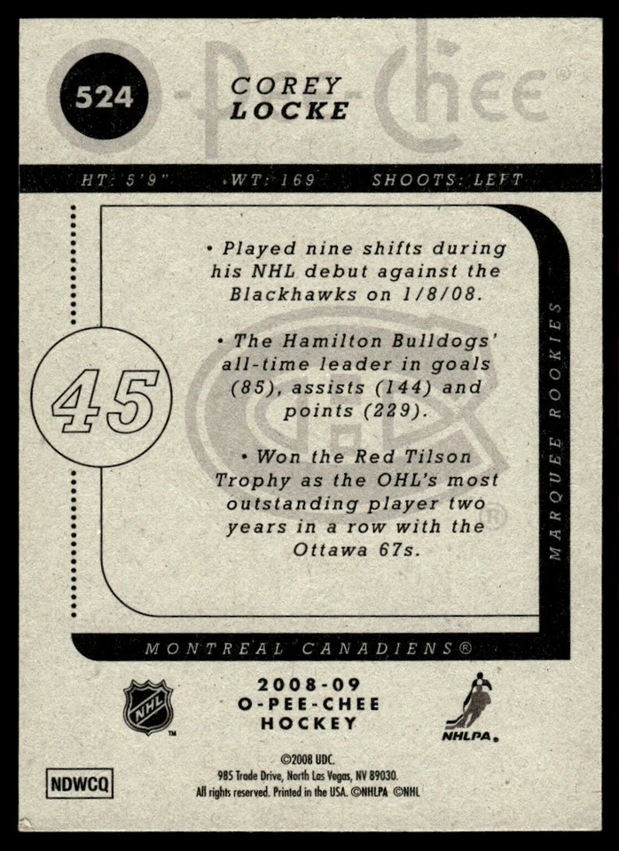 2008-09 O-Pee-Chee MARQUEE ROOKIES Corey Locke Rookie Montreal Canadiens #524 - Image 2 of 2