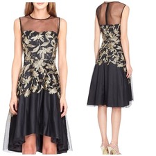 Tahari Embroidered Metallic Floral Illusion Gold Black Cocktail Dress Size 6