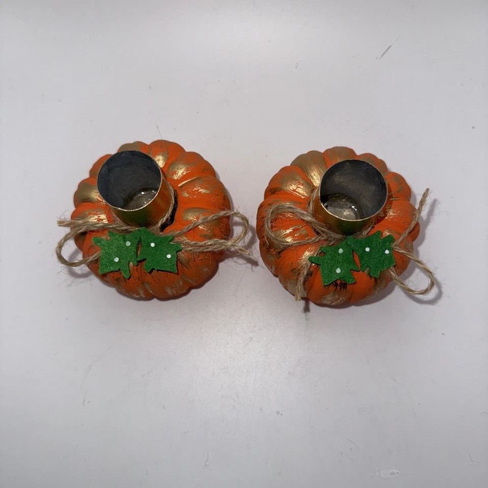 Mudpie Painted Concrete Pumpkin Taper Candle Holder Set Of 2  3”Hx 3”W - Image 2 of 4