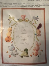 " CALICO Animals Birth Announcement" columbia/minerva crewel/ embroidery kit