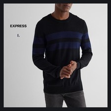 NWT Express Mens Striped Crew Neck 100 Merino Wool Sweater Pitch Black Sz L 88