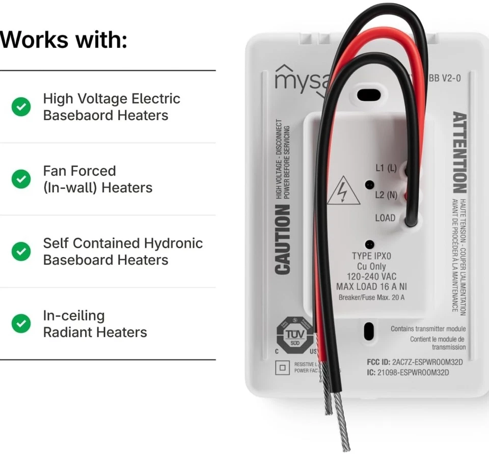 Termostato inteligente Mysa para calentadores de zócalo eléctricos 240V | Control remoto con... Foto 3 de 4