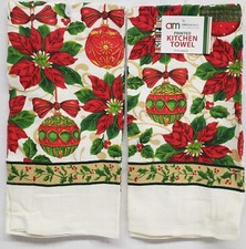 2 Same Kitchen Towels(15"x25")CHRISTMAS TREE ORNAMENTS & POINSETTIA FLOWERS#1,AM