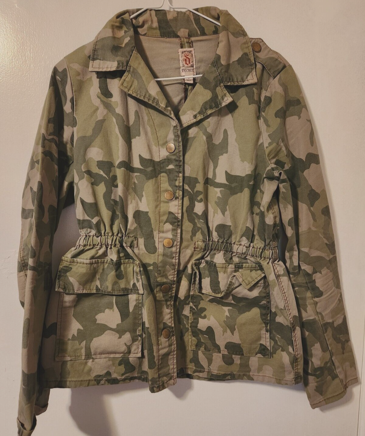 Decree Womens S Woodland Camo Jacket Army Streetwear Full Button Cinched Y2K