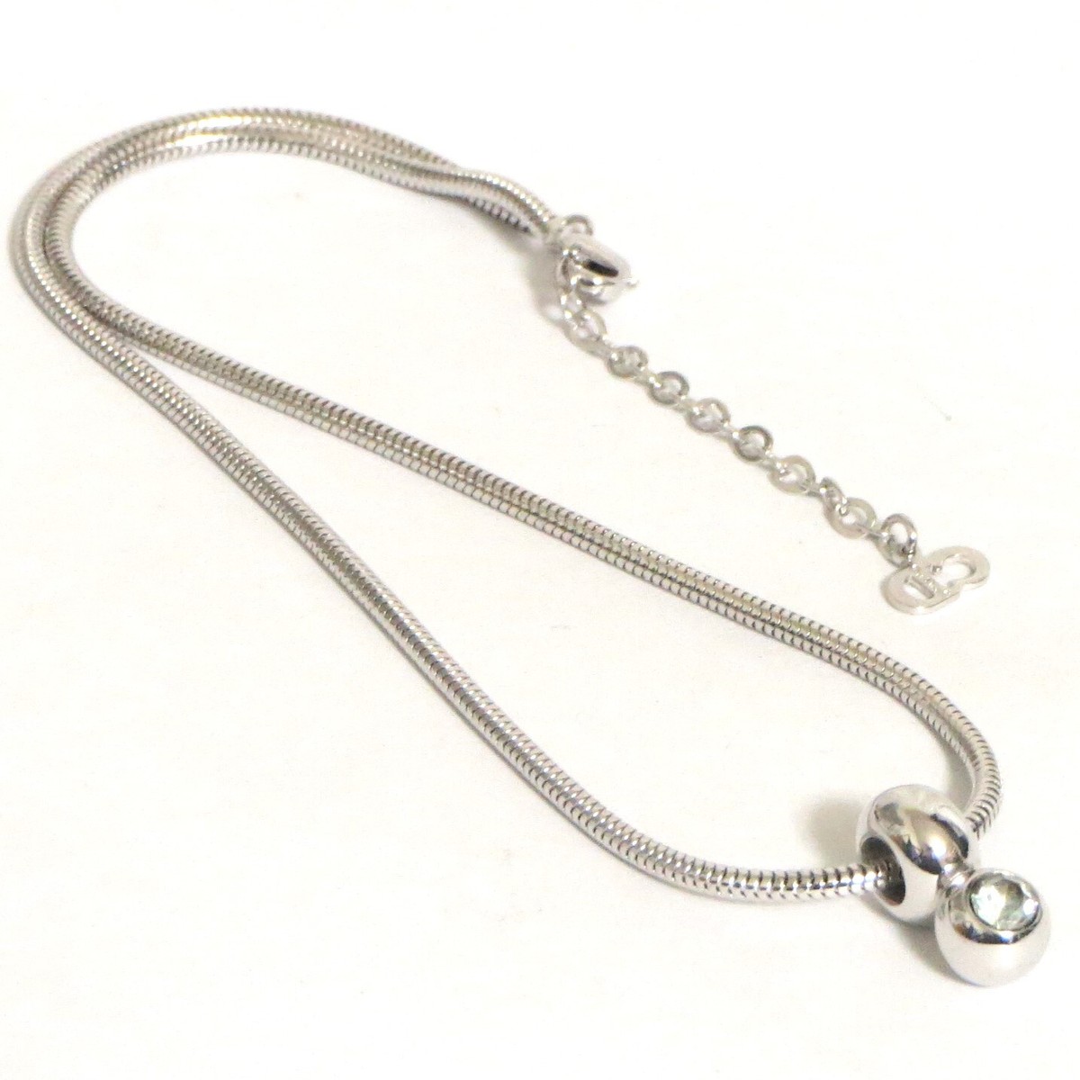 Auth Christian Dior Necklace Silvertone Snake Chain Rhinestone 