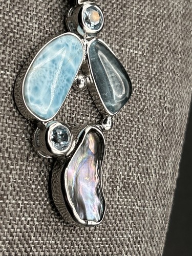 Vintage Genuine Pearl with Larimar, Paua and Blue Topaz Pendant, in 925 Silver - Foto 7 di 11