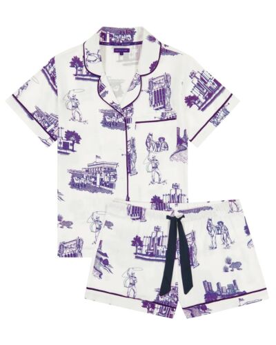 NWT KATIE KIME Fort Worth Toile White & Purple Pajama Shorts Set - Medium - Picture 1 of 2