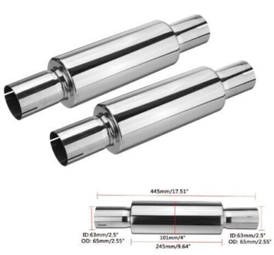 2pcs 2.5'' 63mm Auspuff Auspufftopf End & Mittelschalldämpfer Edelstahl 445mm