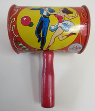 Vintage U.S. Metal Toys Party Tin Litho Circus Noisemaker Barrel Shape