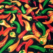 RED GREEN JALAPEOÑO CHILI PEPPERS ON BLACK POLY COTTON FABRIC 60" BY THE YARD