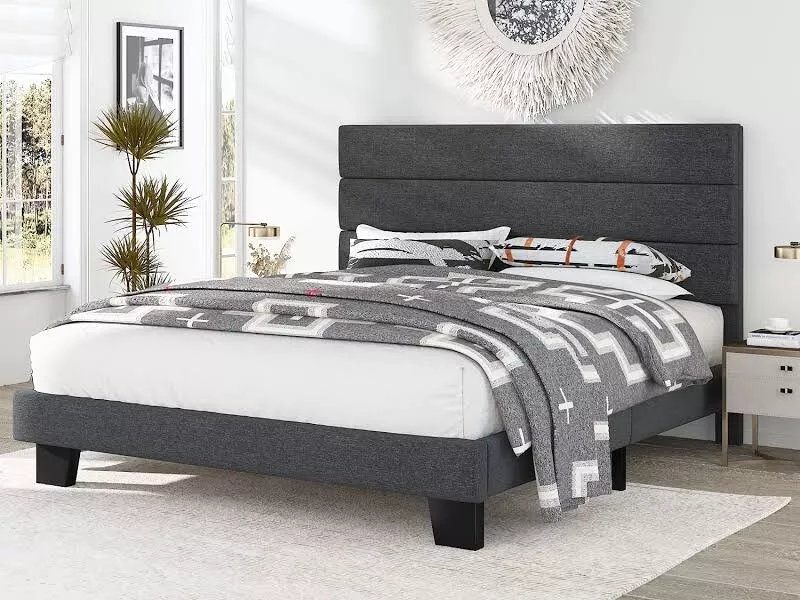 Allewie Queen Size Platform Bed Frame with Fabric Upholstered Headboard,  Dark Grey