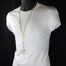 Cubic-Zirconia 5mm GOLD Plated Beads 14k (Guadalupe) Rosary & Jesus Cross Men's