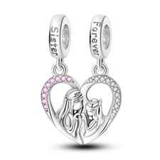 MULA European Sisters Heart Charm Pink AAA CZ Fit Bracelet 925 Sterling Silver