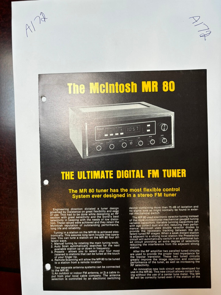 Vintage McIntosh MR80 MR- Spec Sheet Sales Brochure Catalog Ad *ORIGINAL*