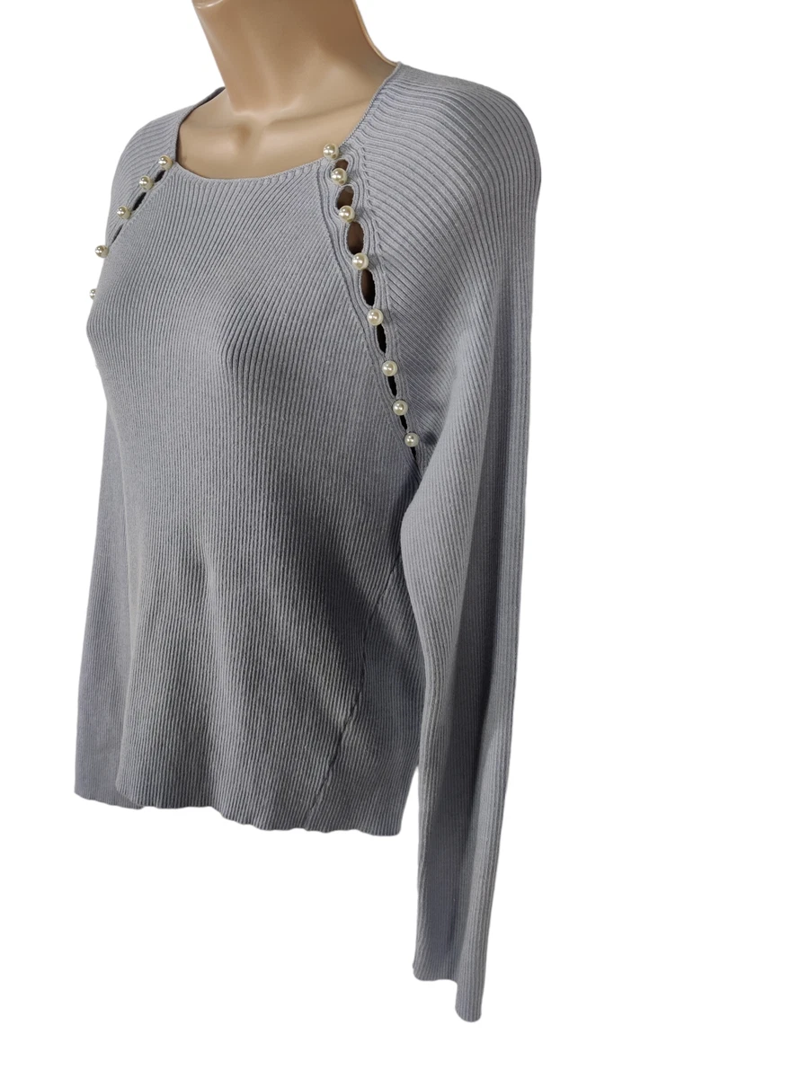 BNWT WOMENS QUIZ SIZE UK MEDIUM LIGHT BLUE RIB PEARL JUMPER