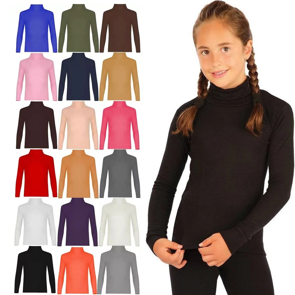 Kids Ribbed Long Sleeve Shirt Top Polo Neck Jumper High Roll Neck Ribbed T-Shirt