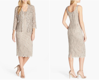 ALEX EVENINGS 2pc Champagne Silver Sequin Lace Cocktail Dress + Jacket SET 10 US