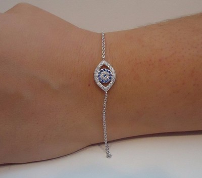  EVIL EYE CHAIN BRACELET LAB CREATED TANZANITE & DIAMONDS 925 STERLING SILVER