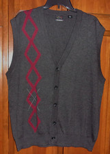 Greg Norman Sleeveless Cardigan Sweater Vest - Dk Gray Argyle Side - XL