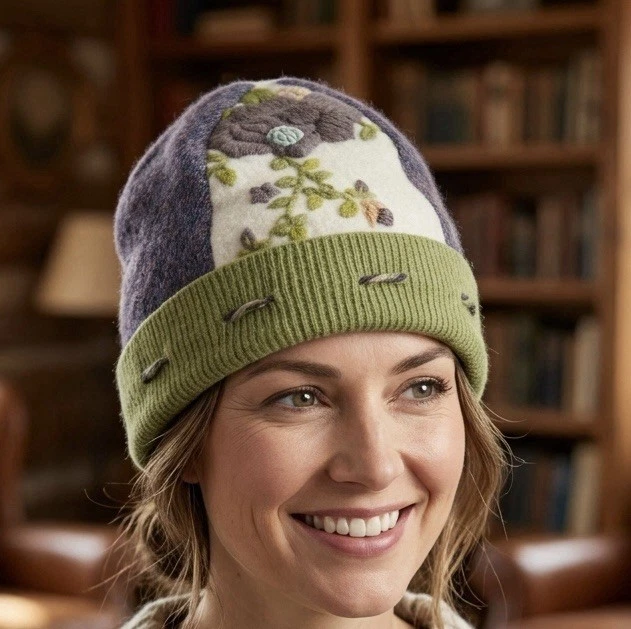 Handmade Women’s Beanie Hat Floral Embroidered Fleece Lined